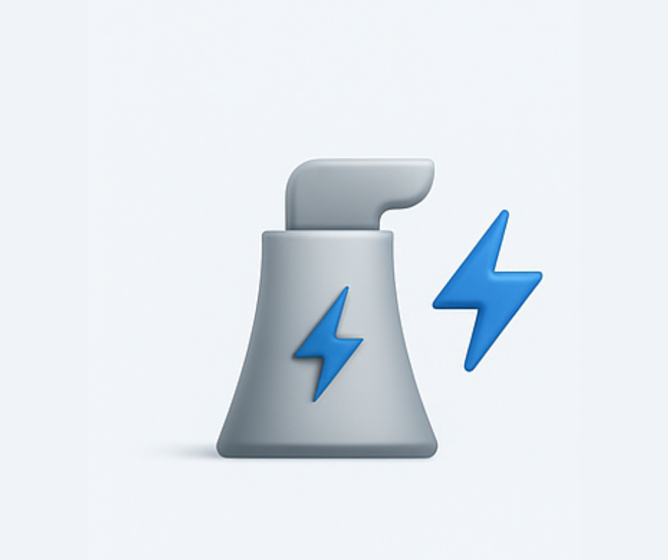Grey power station icon with blue lightning bolts