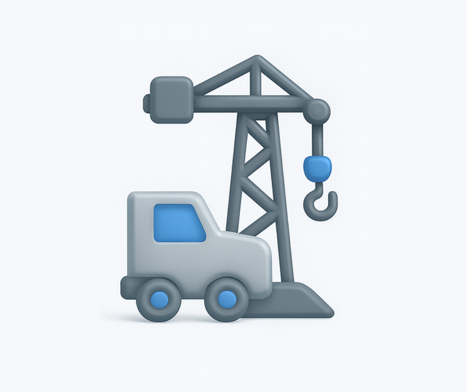 Grey mobile crane truck icon with a lifting hook