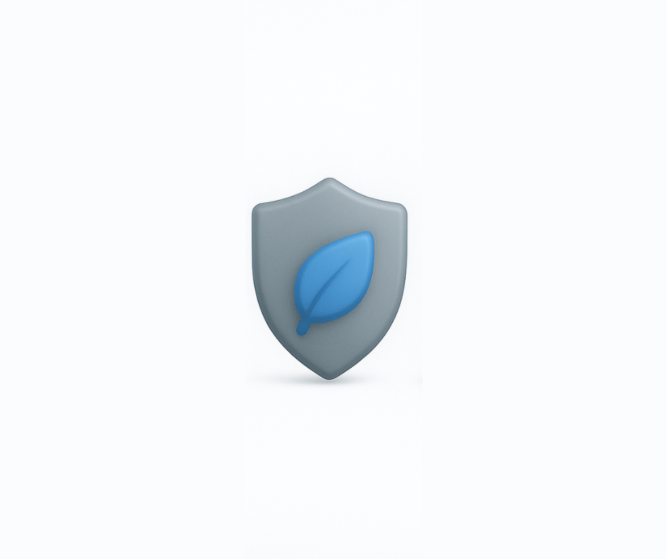 Grey shield icon with a blue leaf
