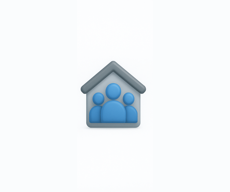 Grey house icon with a family inside