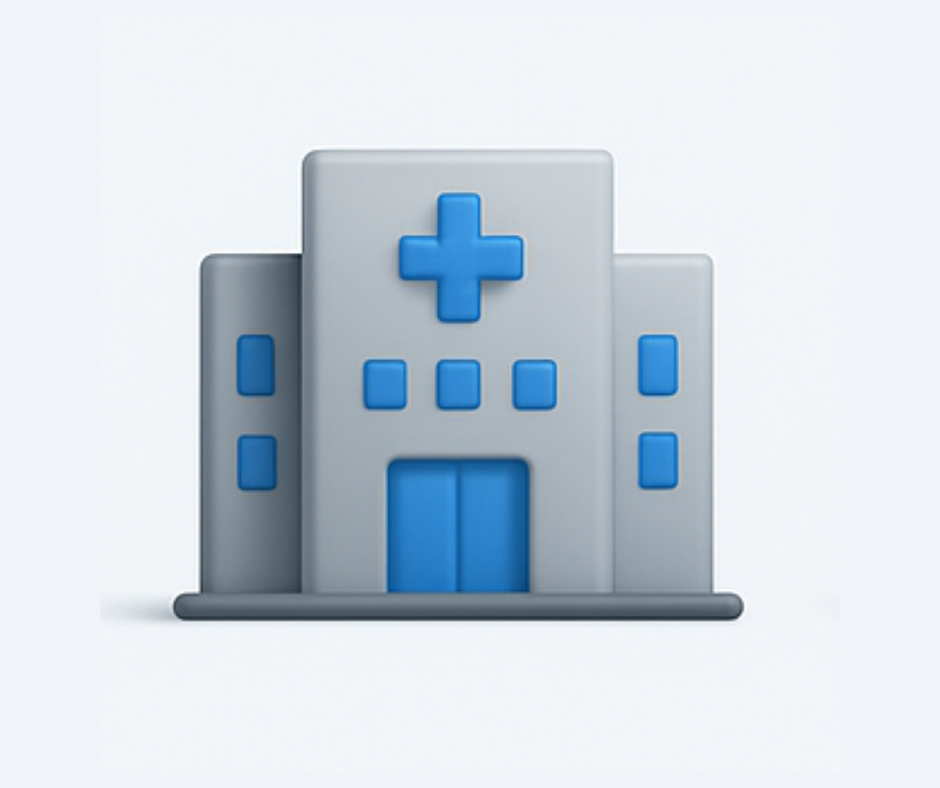 Blue and grey hospital building icon