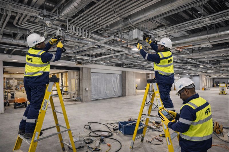 Three workers on ladders installing overhead cable trays in a building under construction