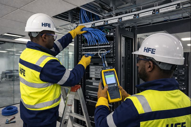 HF Engineering technicians in hard hats testing substation transformer equipment