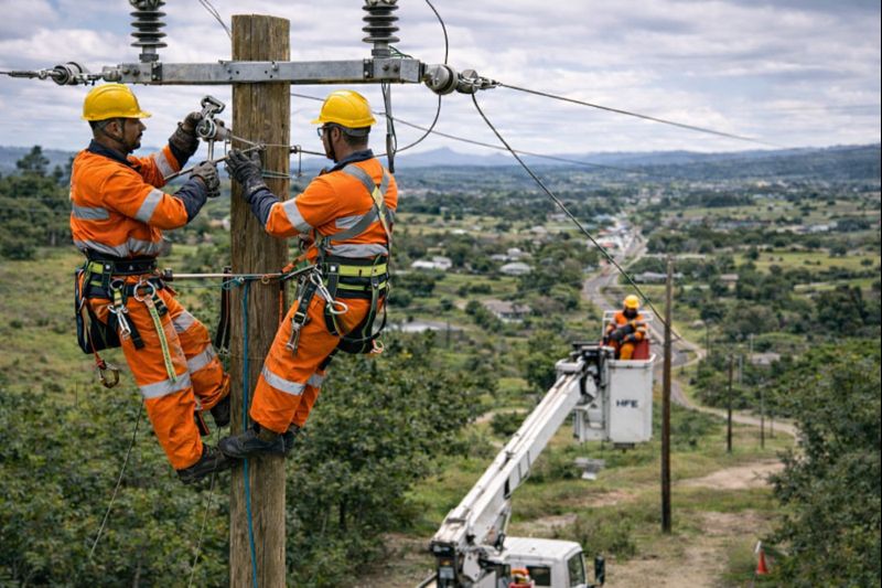 Linesmen in orange safety gear stringing overhead power lines from a wooden pole