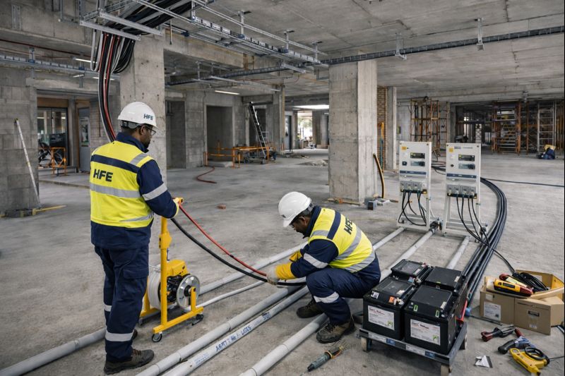 HF Engineering workers installing electrical cabling on a construction site