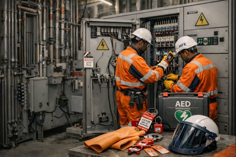 Workers operating a transformer oil purification plant